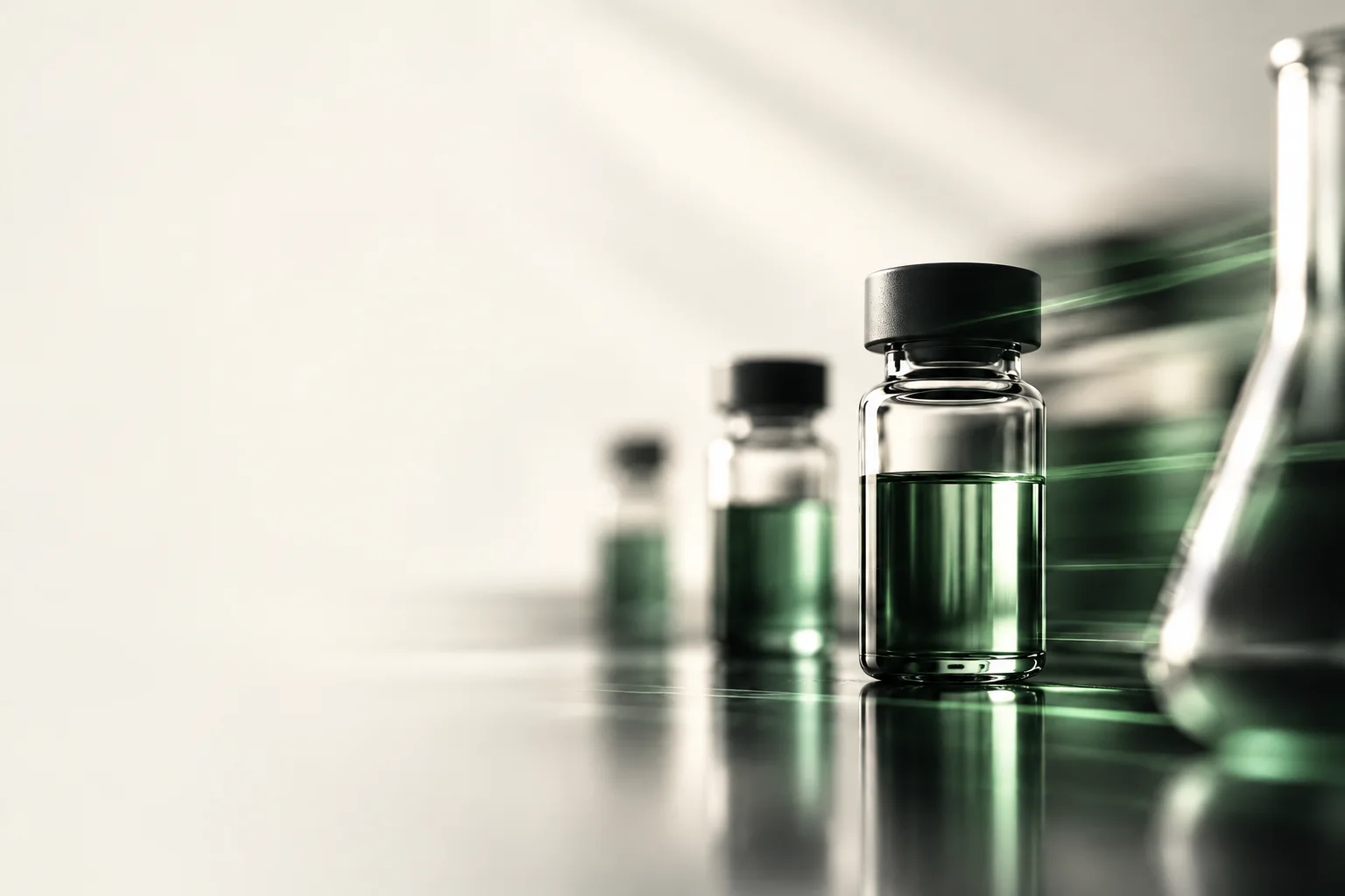 Clear laboratory glass with deep green reflections on a polished surface